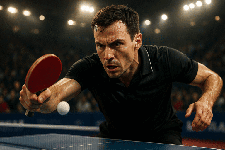 Tischtennisspieler beim intensiven Match in Linz, Fokus auf Geschwindigkeit und Technik.