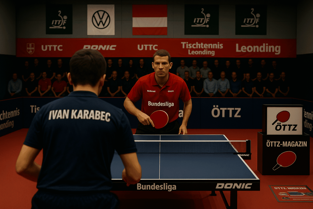 Spannendes Tischtennismatch: Karabec gegen Bundesliga-Spieler in professioneller Arena.