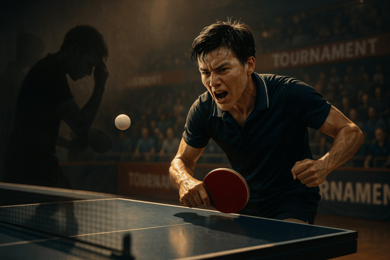 Tischtennis Spieler im Turnier, zeigt intensive Emotionen beim Spiel.