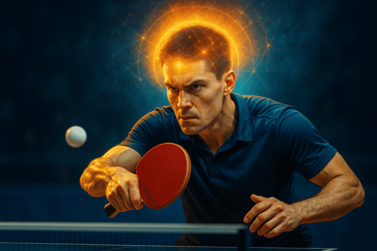 Tischtennisspieler beim intensiven Match, Fokus auf Ball und Schläger.