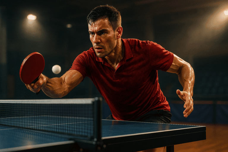 Tischtennisspieler beim intensiven Match in Linz, Fokus auf schnelle Ballwechsel.
