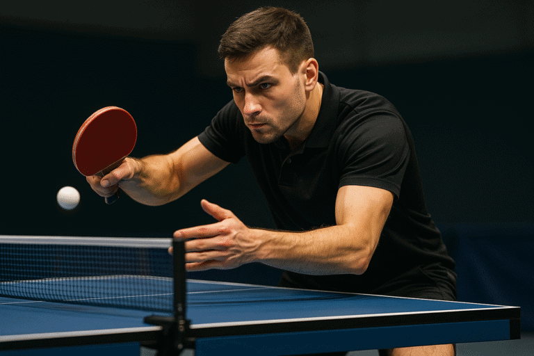 Tischtennisspieler im Wettkampf, konzentriert und bereit, den Ball präzise zu schlagen.