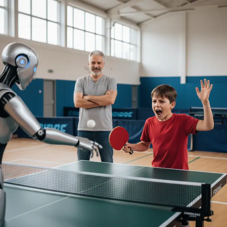 Junge spielt Tischtennis gegen Roboter in hell erleuchtetem Raum.