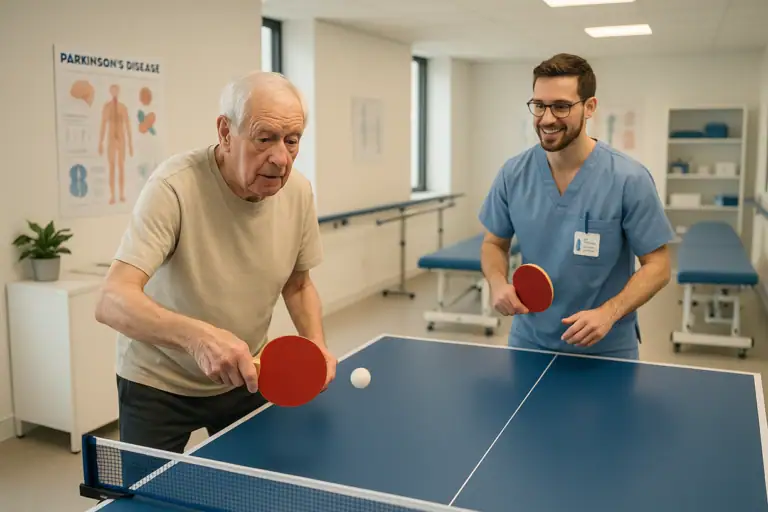 Tischtennis-Übung zur Parkinson-Therapie mit einem älteren Mann und einem jungen Therapeuten.