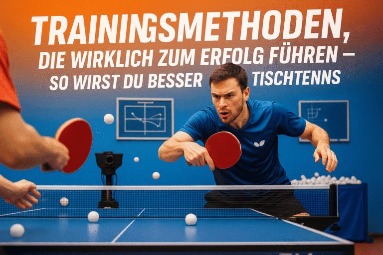 Tischtennisspieler beim Training mit Schläger und Bällen, Fokus auf Technik und Taktik.