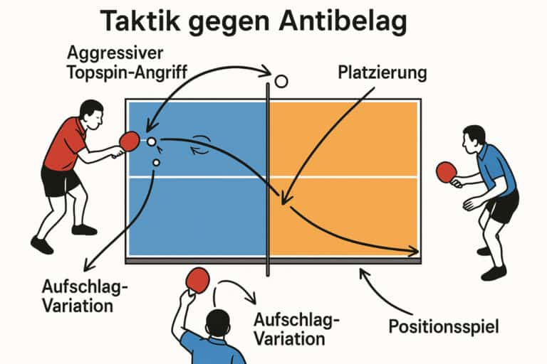 Illustration der Taktik im Tischtennis mit Angriff, Platzierung und Variationen.