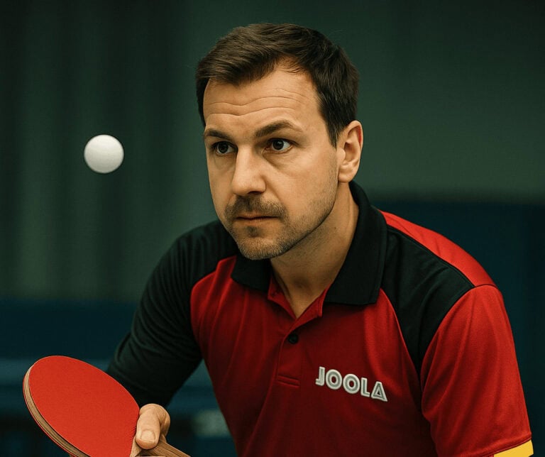 Timo Boll zeigt beeindruckende Konzentration beim Tischtennis, bereit für den nächsten Schlag.