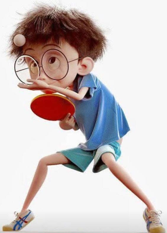 Junge mit Brille spielt Tischtennis, lässig sportlich gekleidet, Cartoon-Stil.