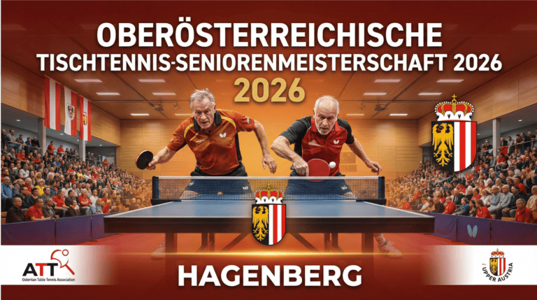 Tischtennis-Event in Leonding mit Senioren, Wettkampf und Publikum, Oberösterreich, 2026.