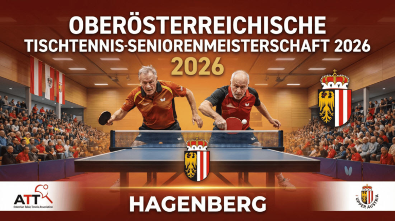 Tischtennis-Event in Leonding mit Senioren, Wettkampf und Publikum, Oberösterreich, 2026.