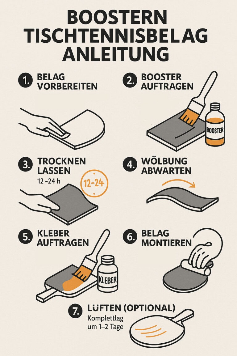 Boosten Anleitung Tischtennisbelag: Schritt-für-Schritt Guide zum Auftragen von Booster und Kleber.