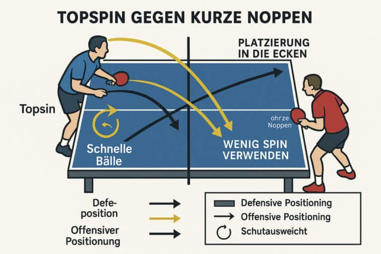 Tischtennisspieler zeigt Topspin gegen kurze Noppen, taktische Positionierung auf dem Tisch.