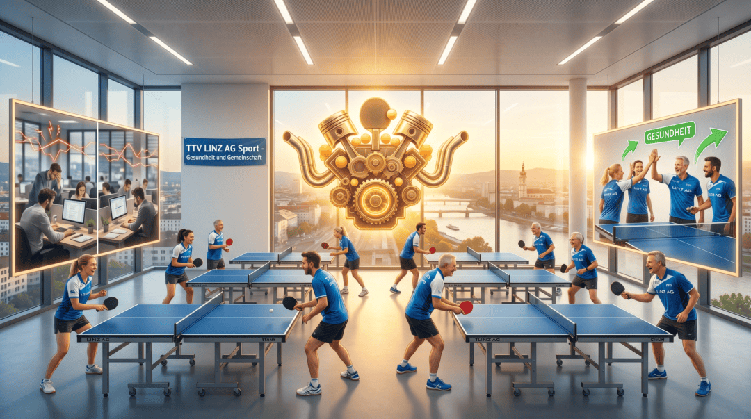 Tischtennisspieler in Leonding bei einem Training im modernen Turnsaal.