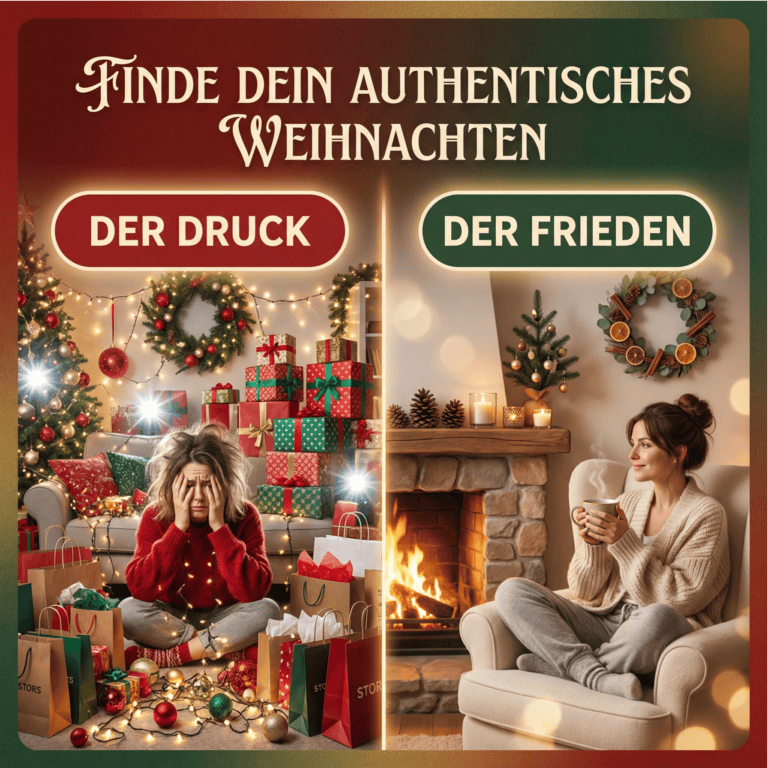 Weihnachtsdeko im Wohnzimmer, Frau trinkt Tee, festliche Stimmung, gemütliches Zuhause.