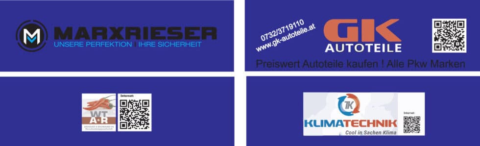 Vier moderne Unternehmensanzeigen aus Österreich auf blauem Hintergrund mit Logos, Slogans und QR-Codes.